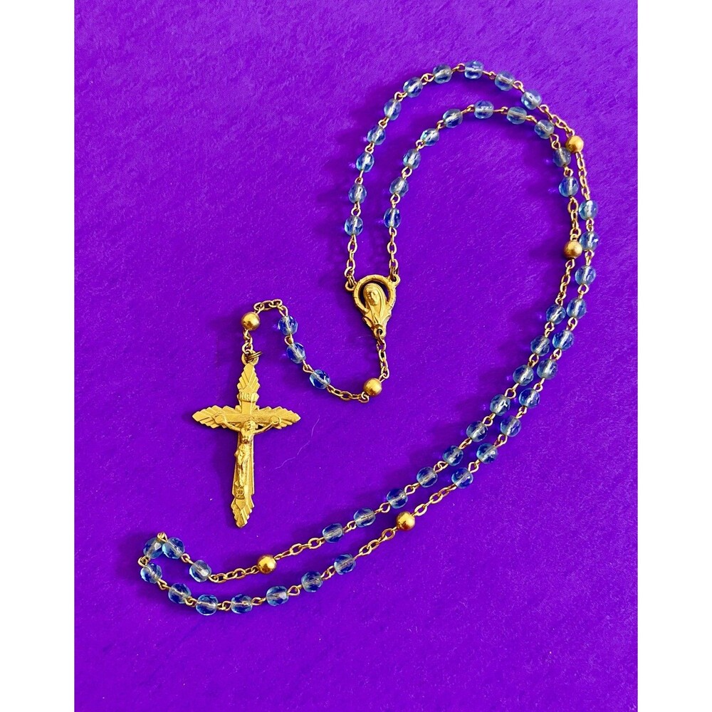 Vintage Blue Faceted Glass Petite Rosary, Virgin Mary, Italy, Christianity, 14”